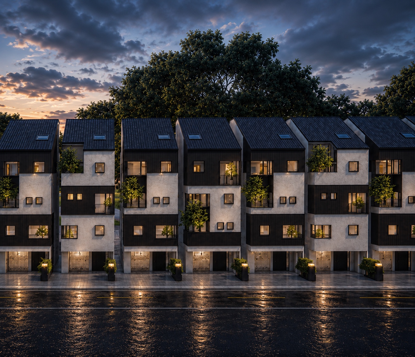 Rising Island in Toucheng during Blue Hour with wet street reflections