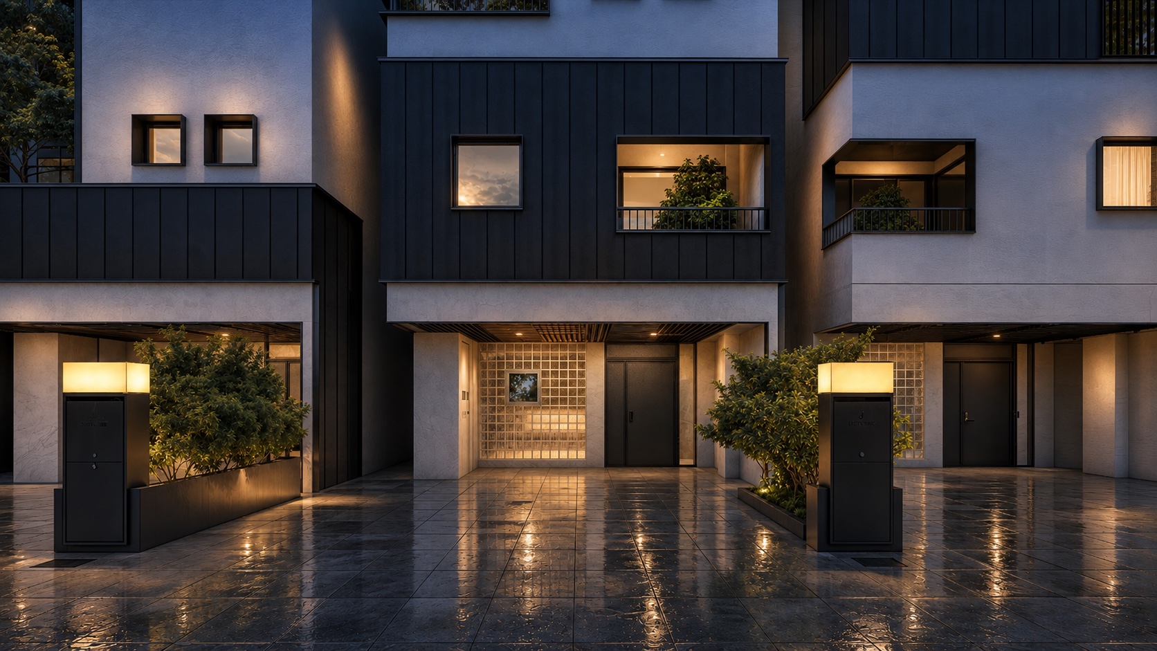 Ground level courtyard, glass block wall, and warm lanterns at Rising Island