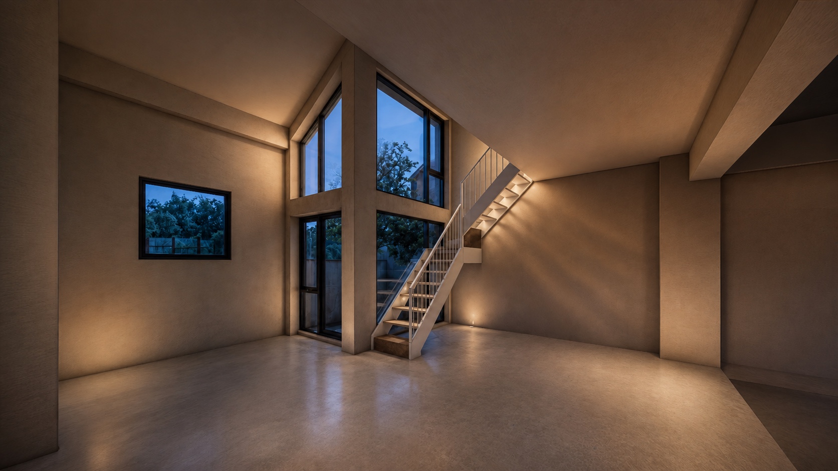 Double-height loft volume with architectural staircase and evening light